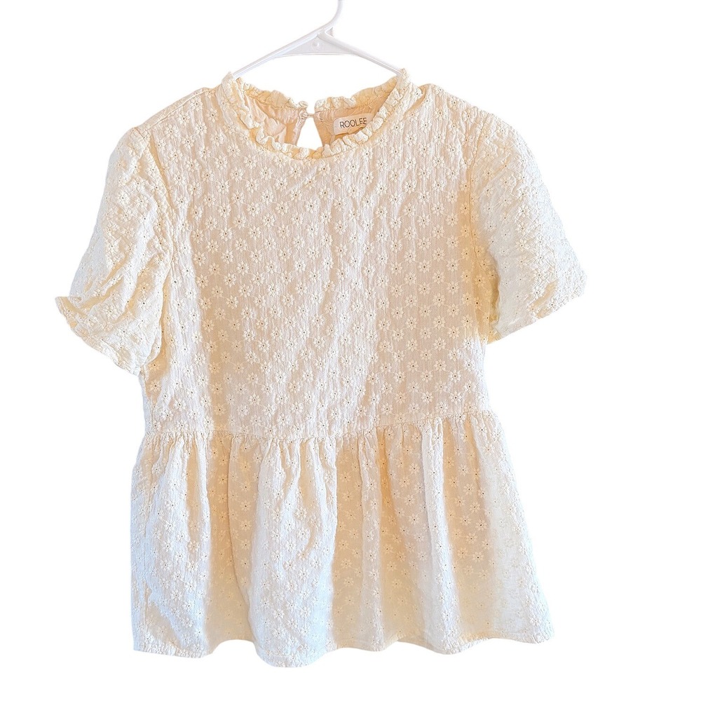 Roolee Babydoll Top M Romantic Butter Yellow Floral Eyelet Ruffle Neckline Lined